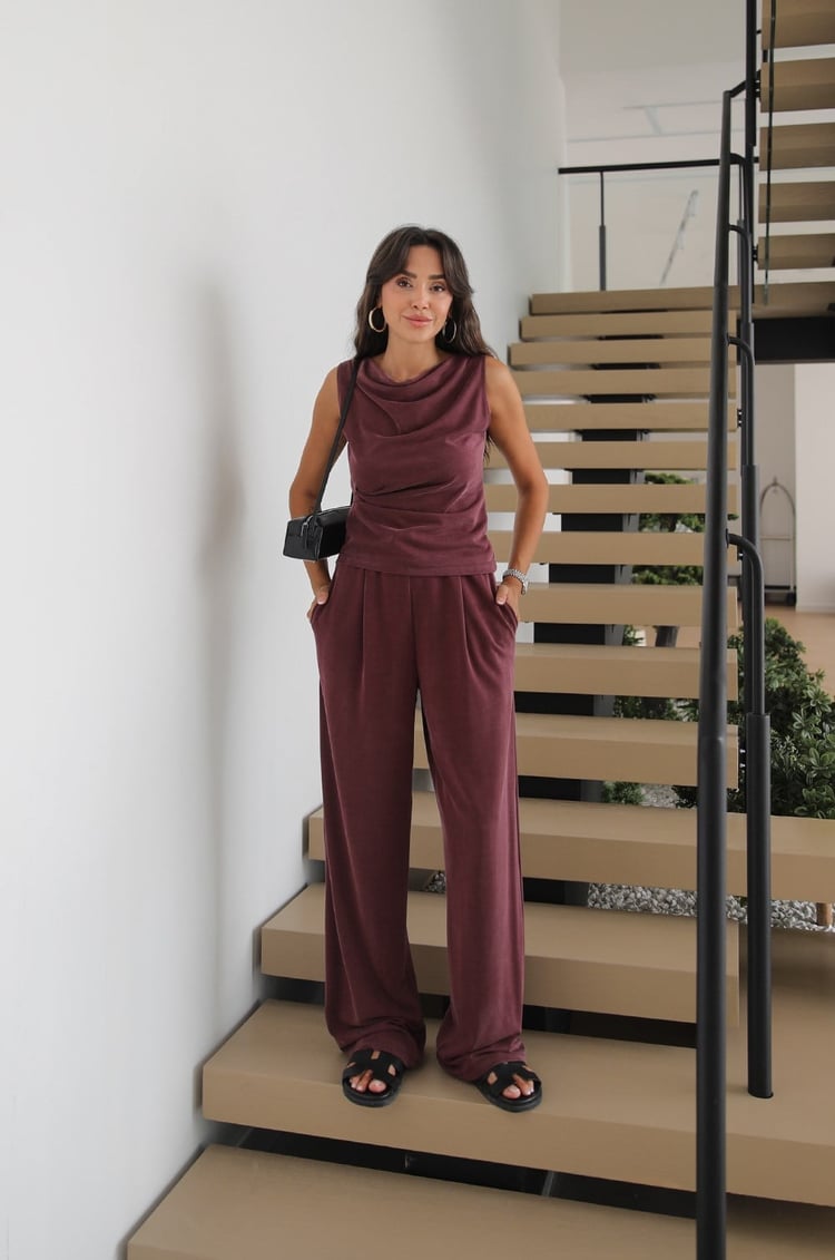 Mürdüm Ön Drapeli Bluz Pantolon Takım
