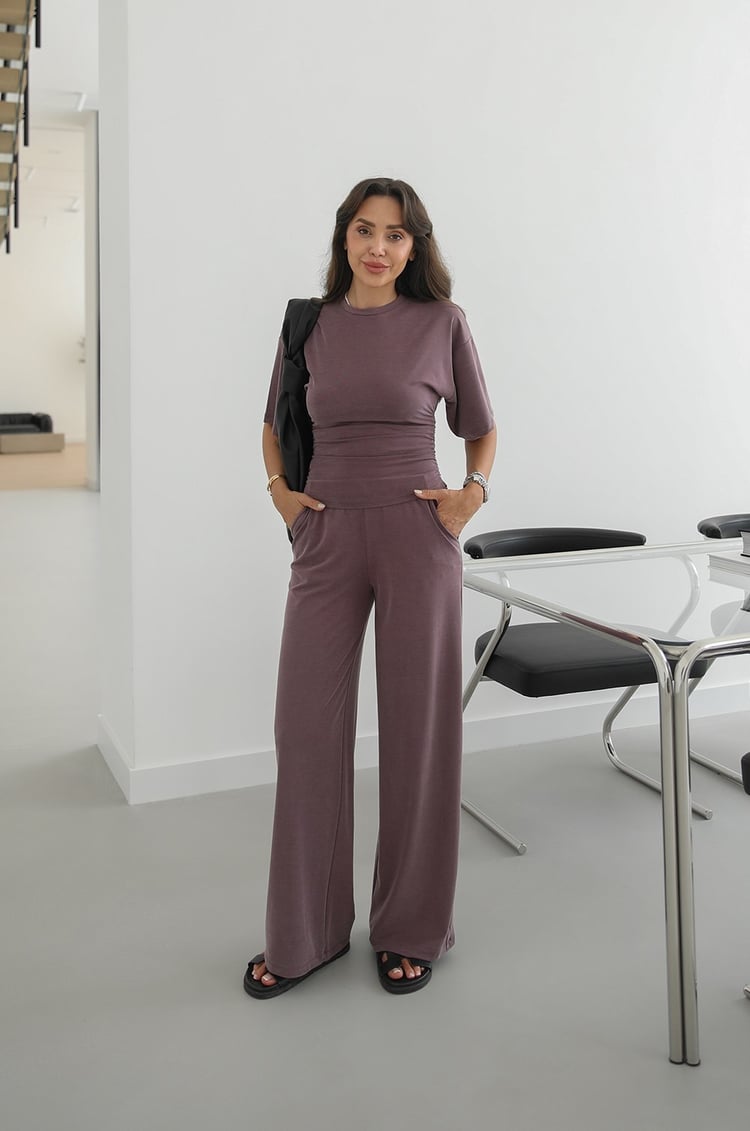 Mürdüm Swanky Yanları Büzgülü Bluz Pantolon Takım