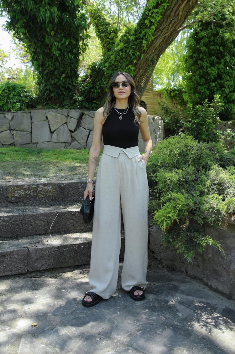 Natural Bel Detaylı Keten Pantolon