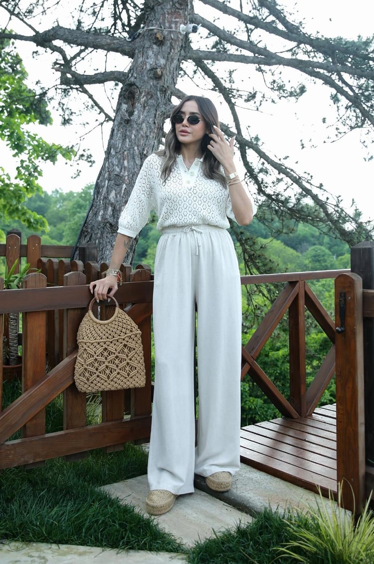 Natural Beli İpli Keten Pantolon