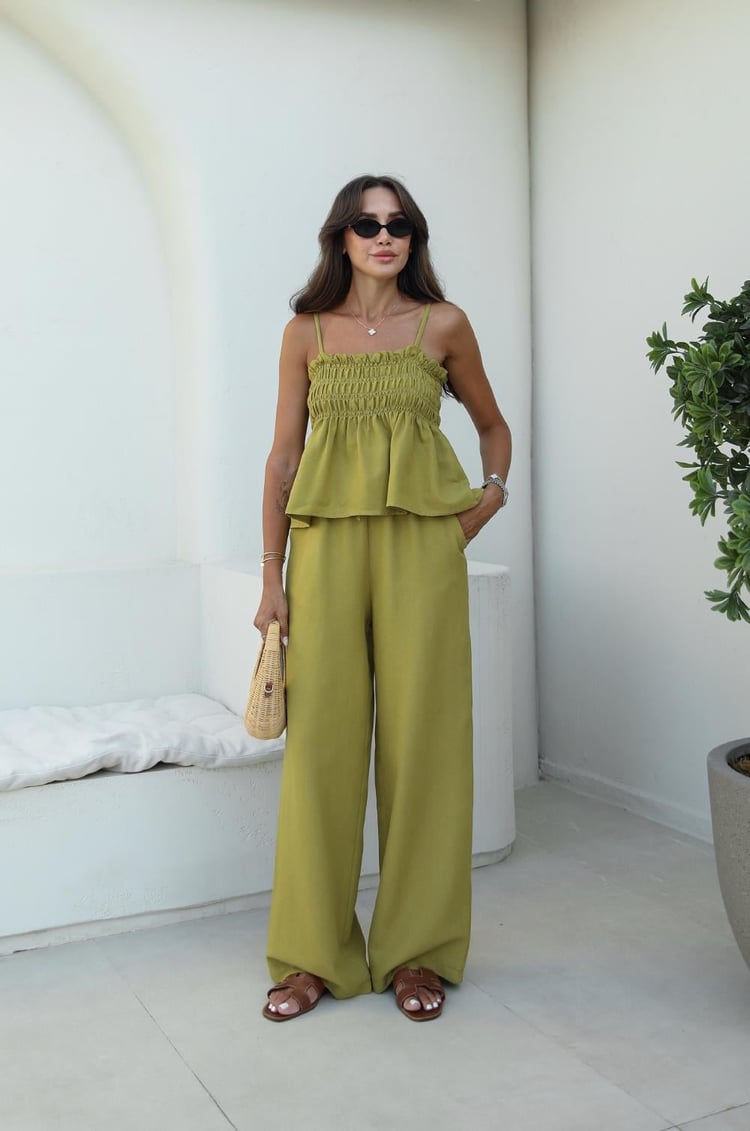 Olive Gipeli Bluz Pantolon Keten Takım