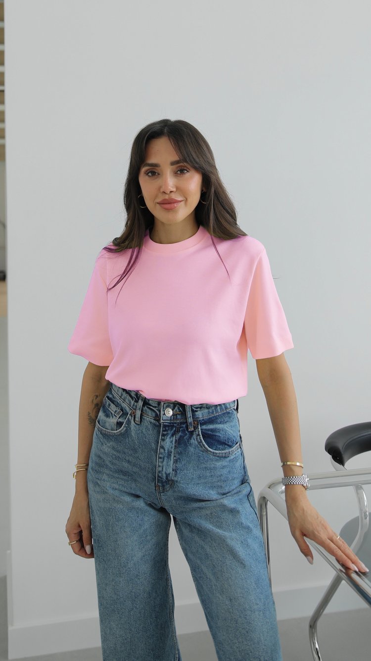 Pembe %100 Pamuk Bisiklet Yaka Tişört