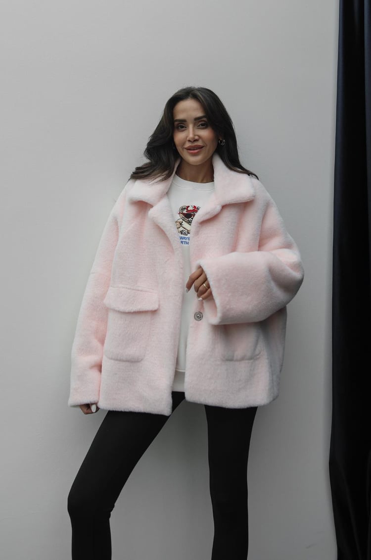 Pembe Alpaka Kürk Kısa Kaban