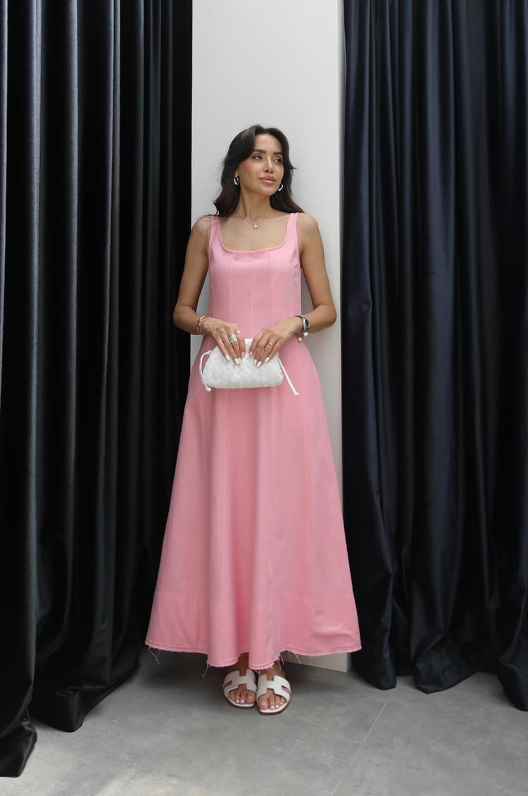 Pembe Askılı Maxi Boy Keten Elbise