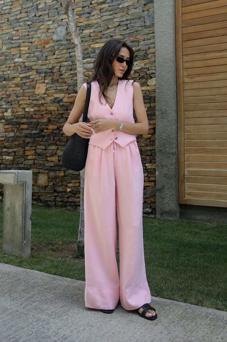Pembe Bol Paça Keten Pantolon