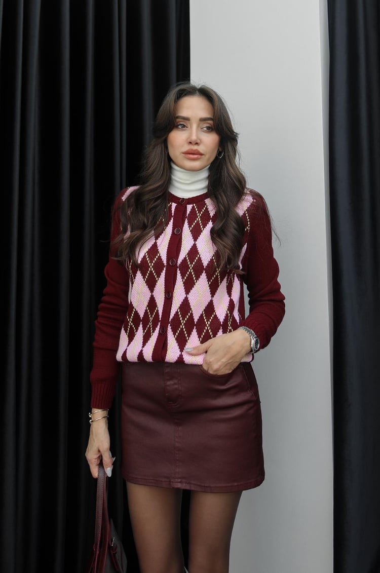Pembe Bordo Baklava Desenli Hırka