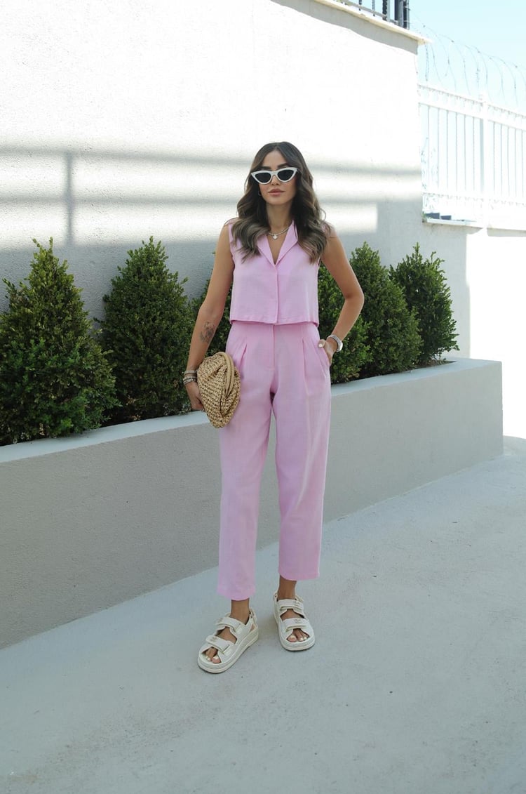 Pembe Çıtçıt Düğmeli Yelek Pantolon Keten Takım