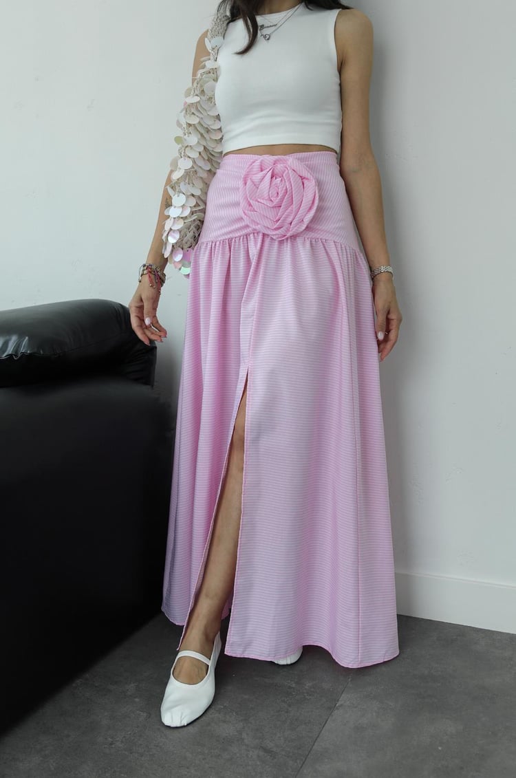 Pembe Çizgili Gül Detaylı Maxi Etek