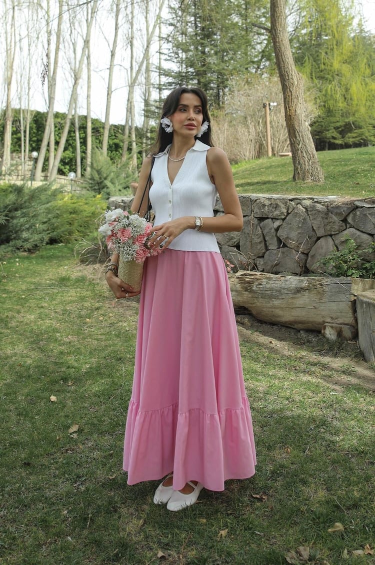 Pembe Drew Fırfır Detaylı Etek