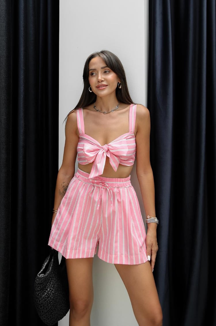 Pembe Ewell Çizgili Crop Şort Takım