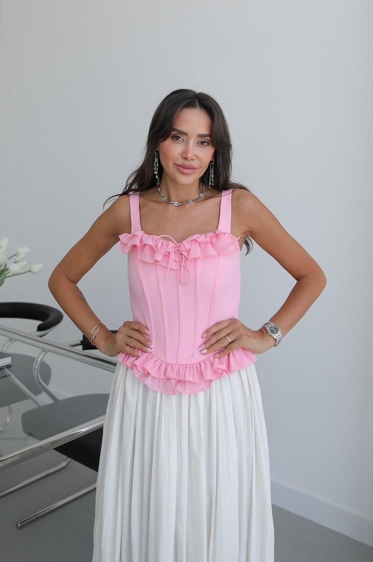 Pembe Fırfırlı Volanlı Korse Bluz