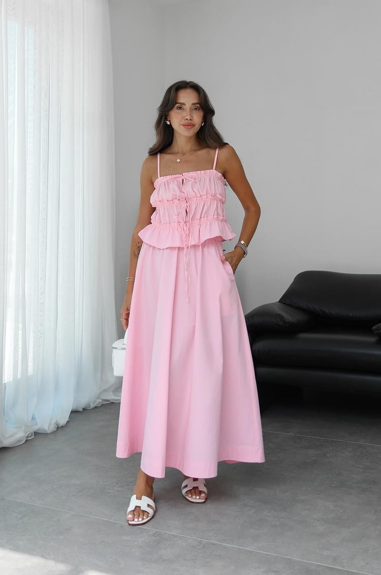 Pembe Gipeli Bağlamalı Bluz Etek Takım