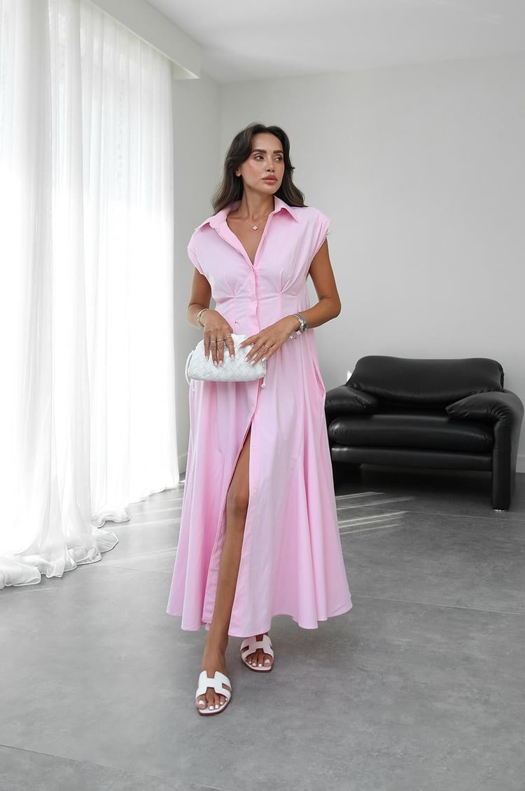 Pembe Gizli Düğmeli Polo Yaka Elbise