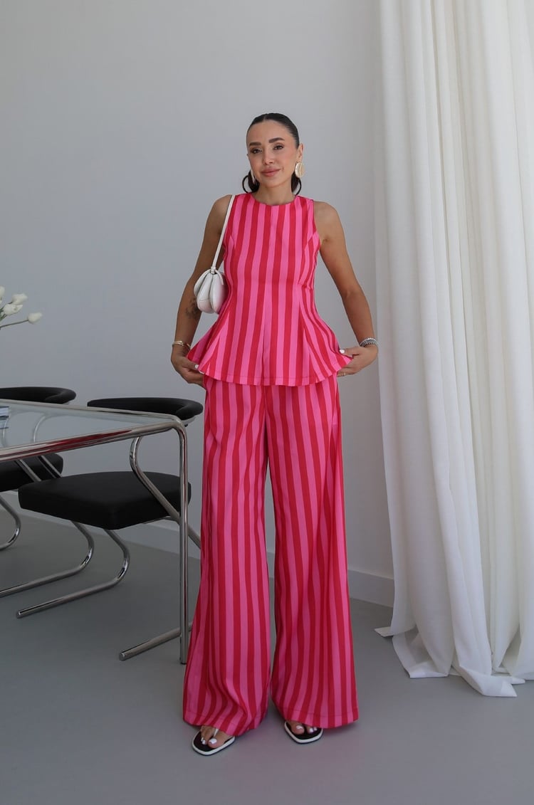 Pembe Hamon Çizgili Bluz Pantolon Takım