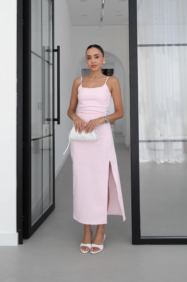 Pembe İp Askılı Yırtmaçlı Denim Elbise