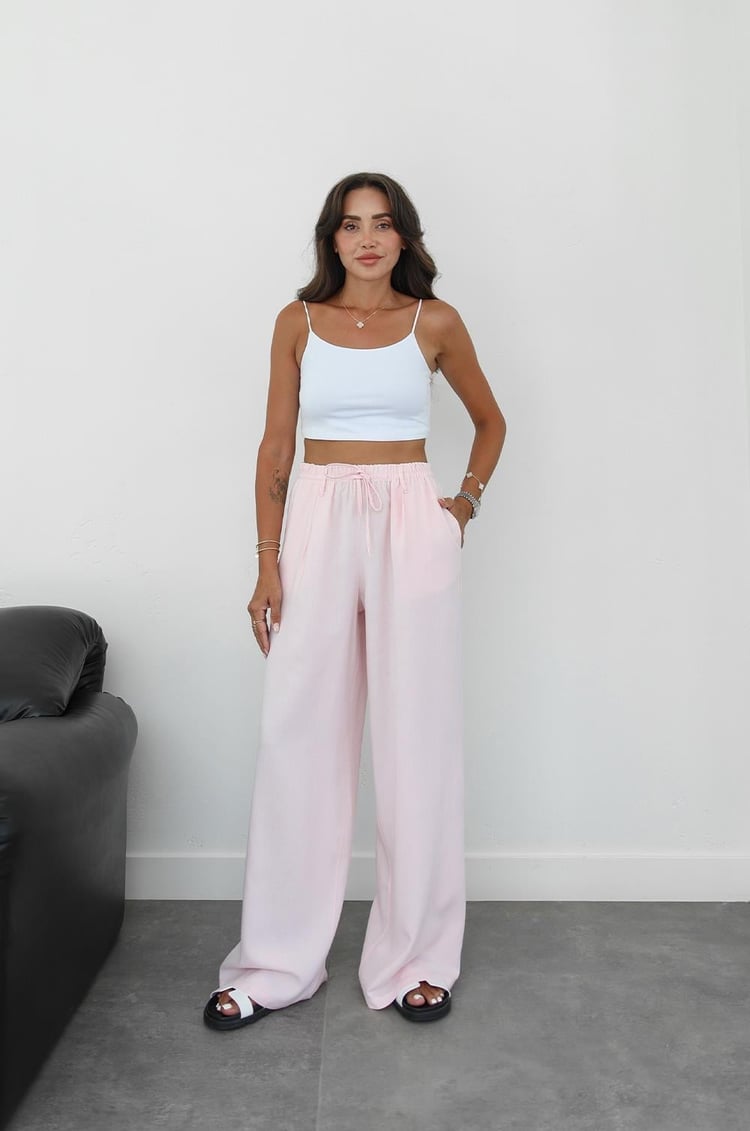 Pembe İp Bağcıklı Keten Pantolon