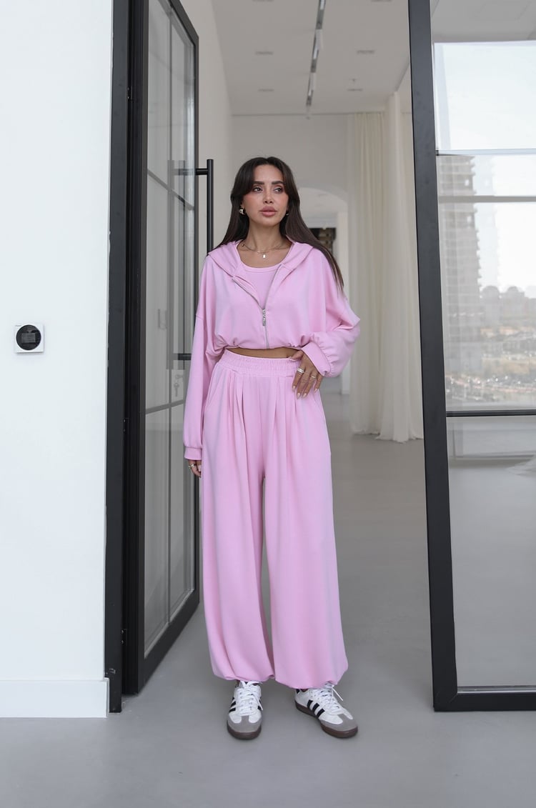 Pembe İp Büzgülü Sweat Atlet Pantolon Takım