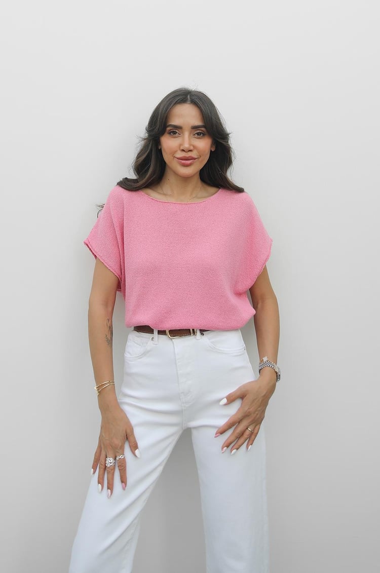 Pembe Joke Kısa Kollu Oversize Triko