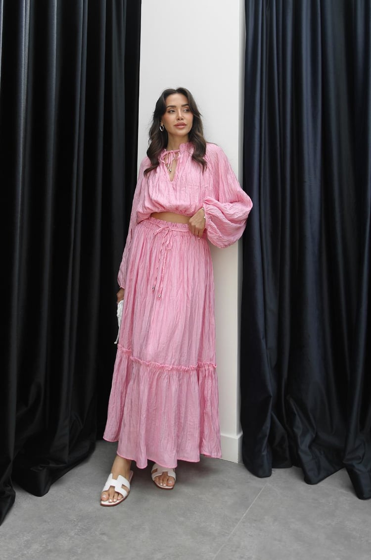 Pembe Kraşlı Bluz Etek Takım