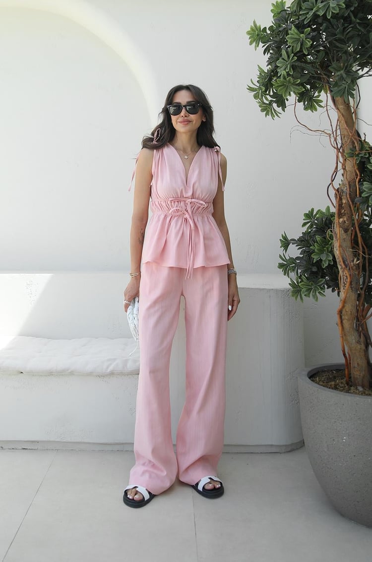 Pembe Lastik Detaylı Bluz Pantolon Takım