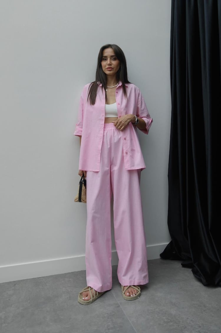 Pembe Petra Gömlek Pantolon Keten Takım