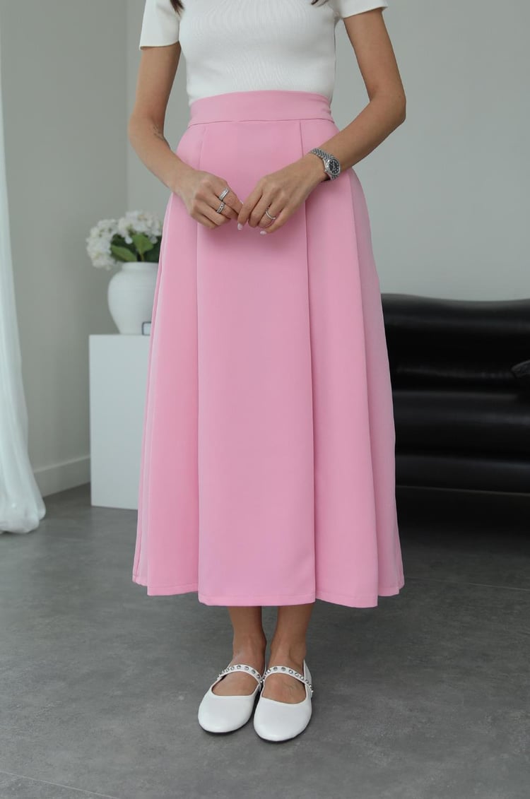 Pembe Pile Detaylı Kloş Etek