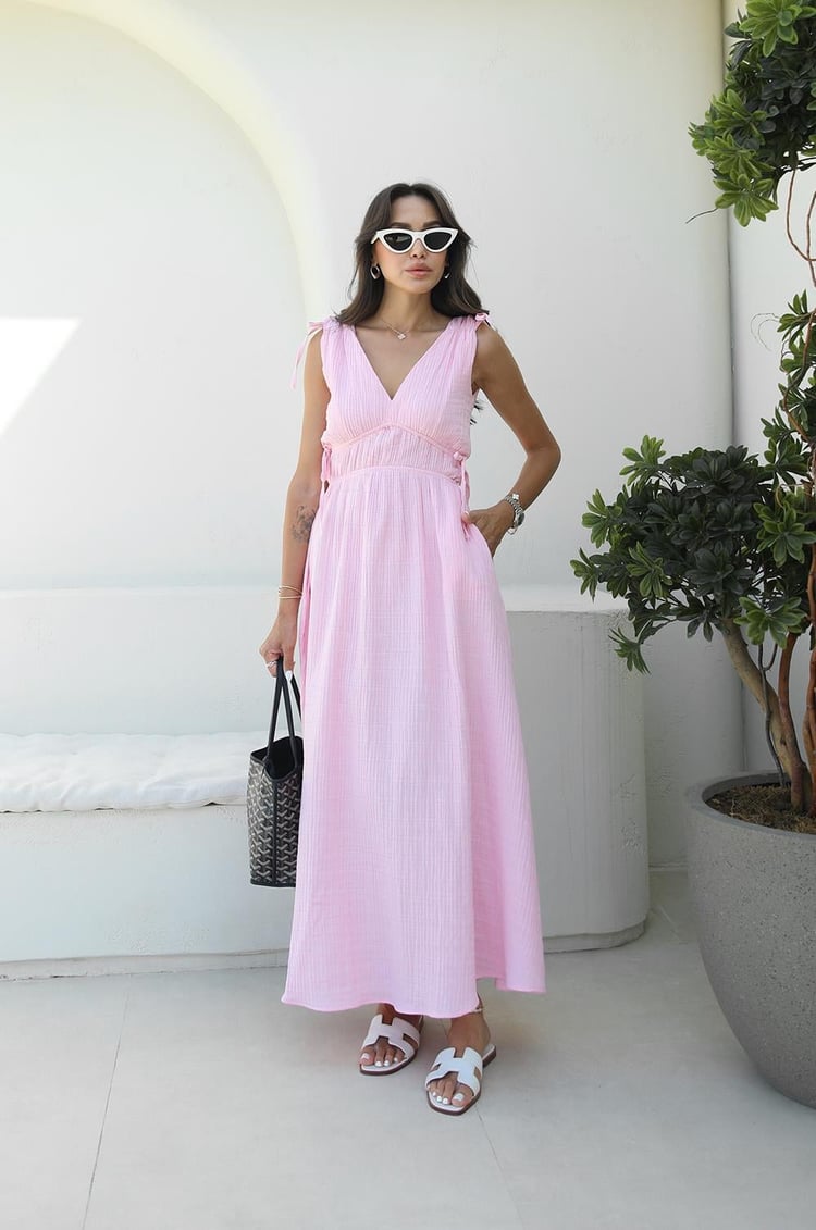Pembe Shada Beli Lastik Detaylı Elbise