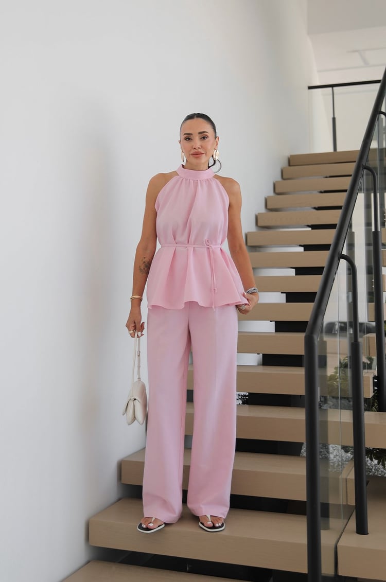 Pembe Veral Bluz Pantolon Keten Takım