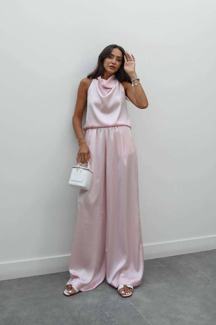Pembe Winkle Saten Bluz Pantolon Takım