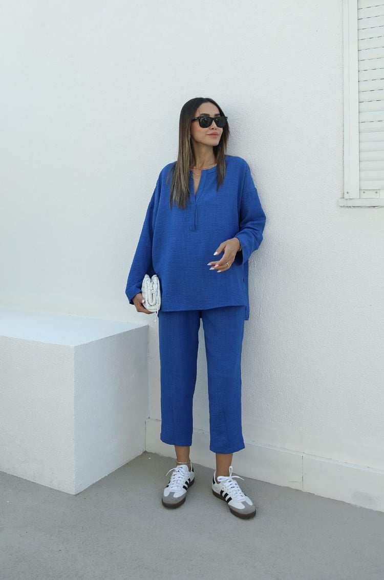 Saks Mavisi V Yaka Bluz Pantolon Takım