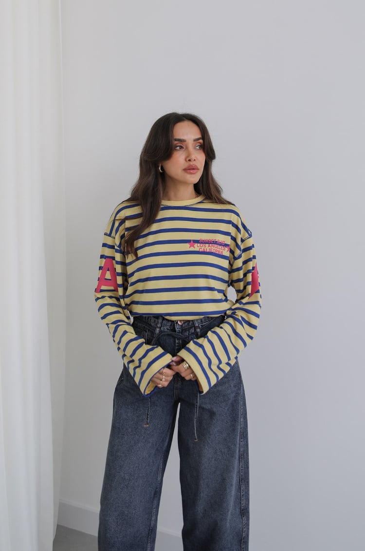 Sarı Los Angeles Yazı Baskılı Çizgili Sweatshirt