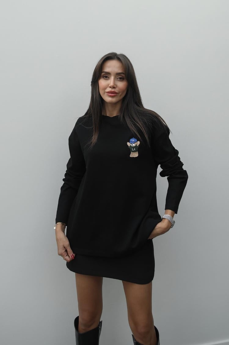Siyah Ayıcık Nakışlı Sweatshirt