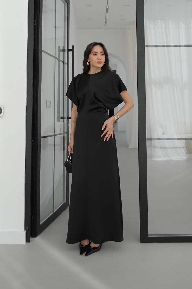 Siyah Batwing Saten Elbise