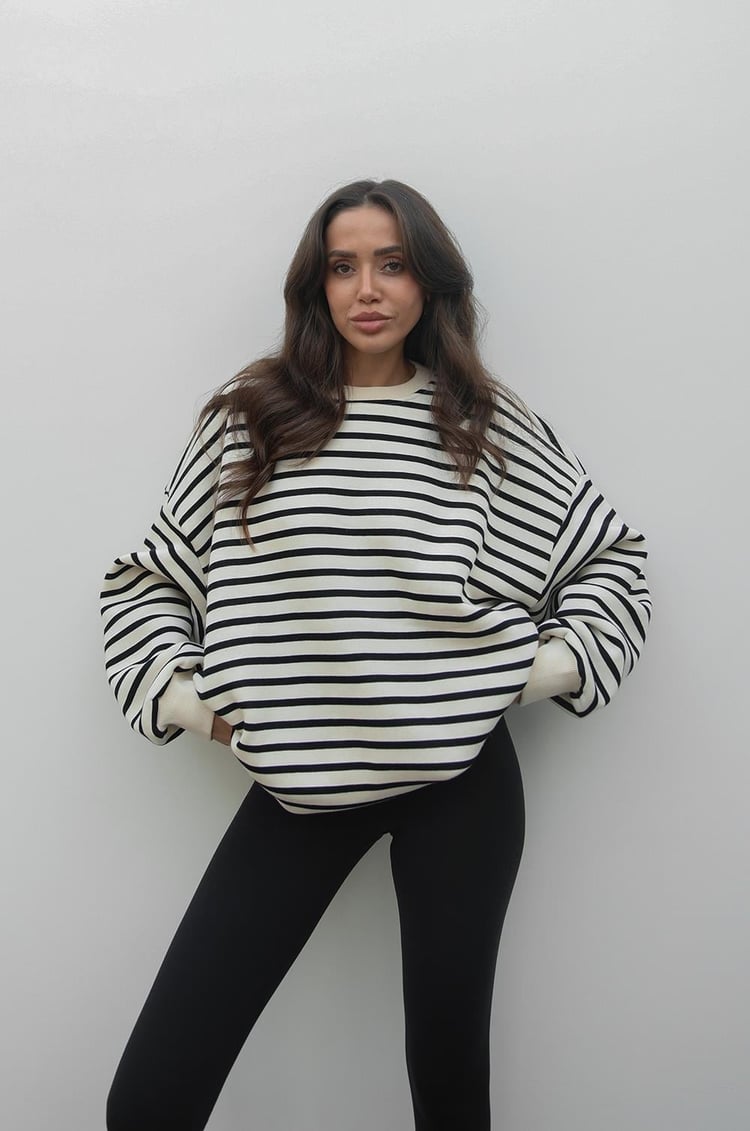Siyah Çizgili Şardonlu Oversize Sweatshirt