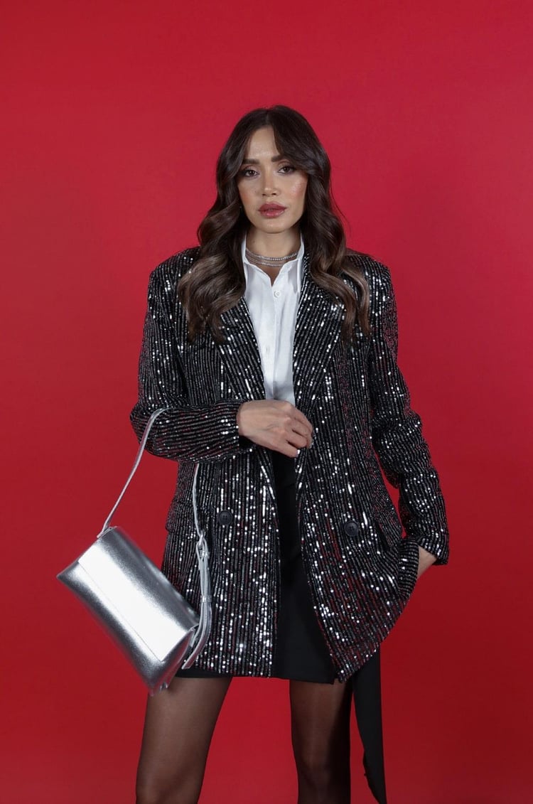 Siyah Gri Pullu Blazer Ceket