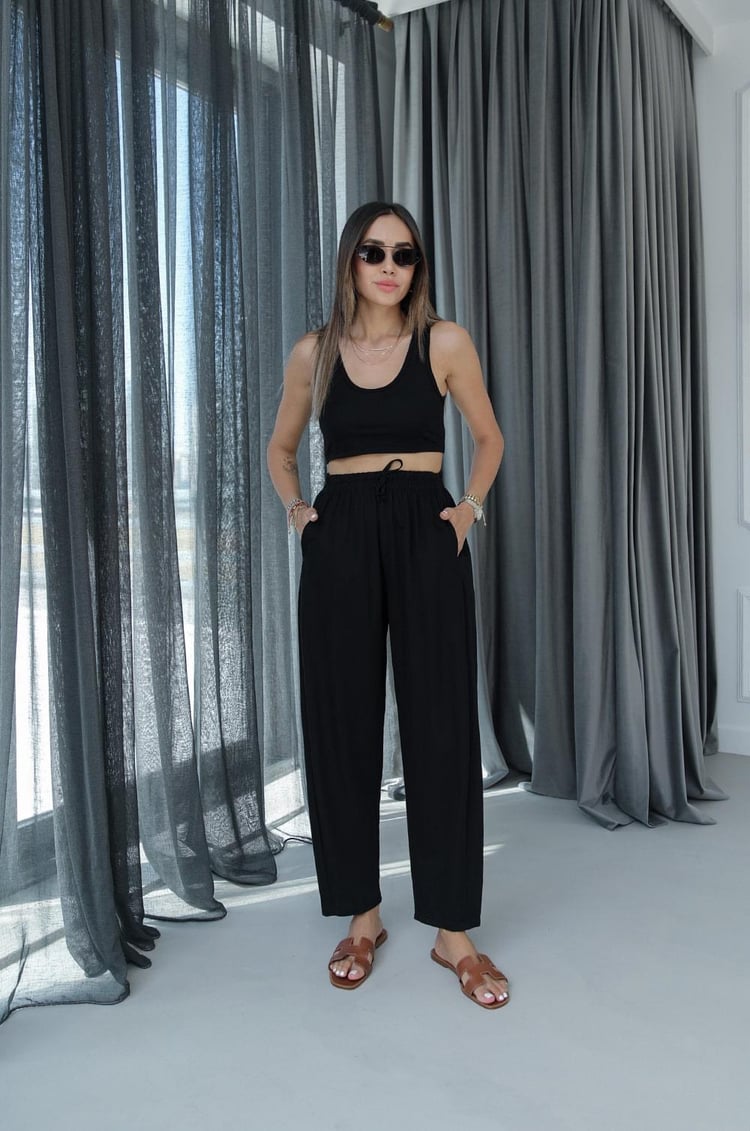 Siyah Kalın Askılı Crop Pantolon Takım