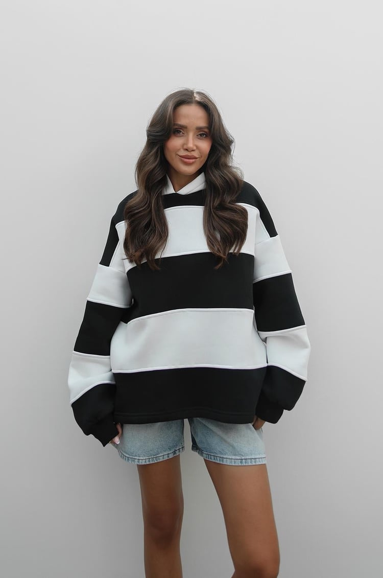 Siyah Kalın Çizgili Şardonlu Sweatshirt