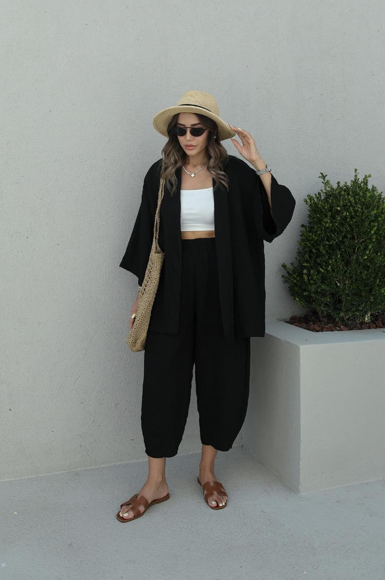 Siyah Kimono Pantolon Takım