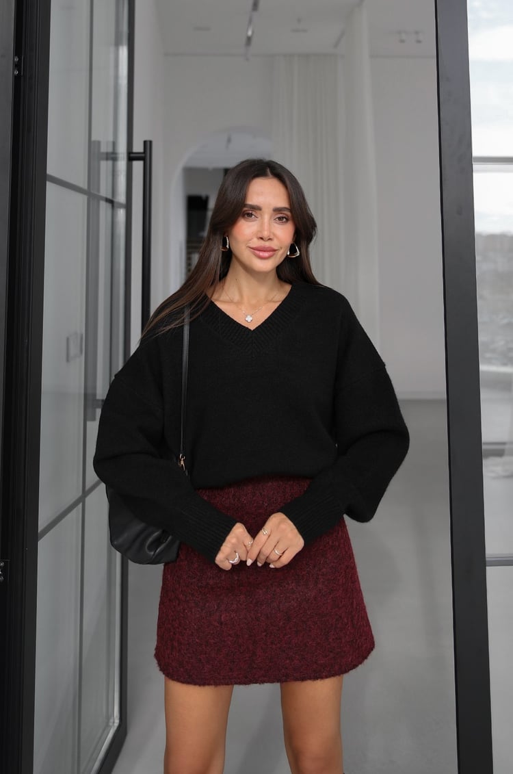 Siyah Lorenza V Yaka Yün Karışımlı Premium Kazak