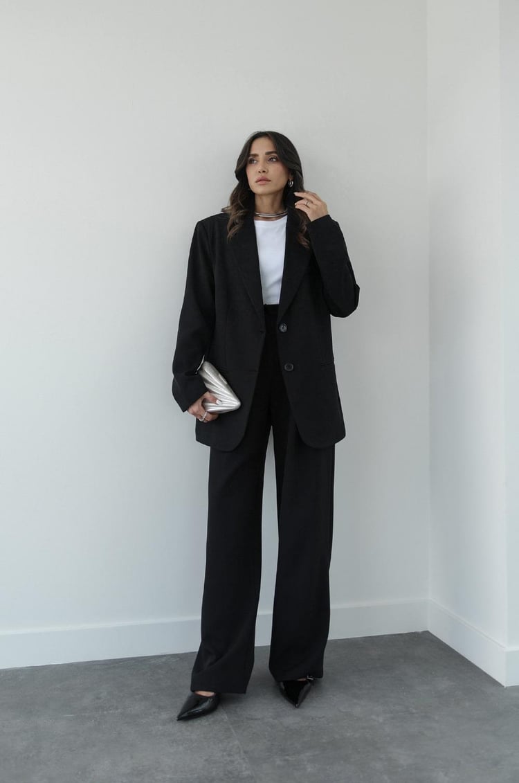 Siyah Palazzo Pantolon Blazer Takım