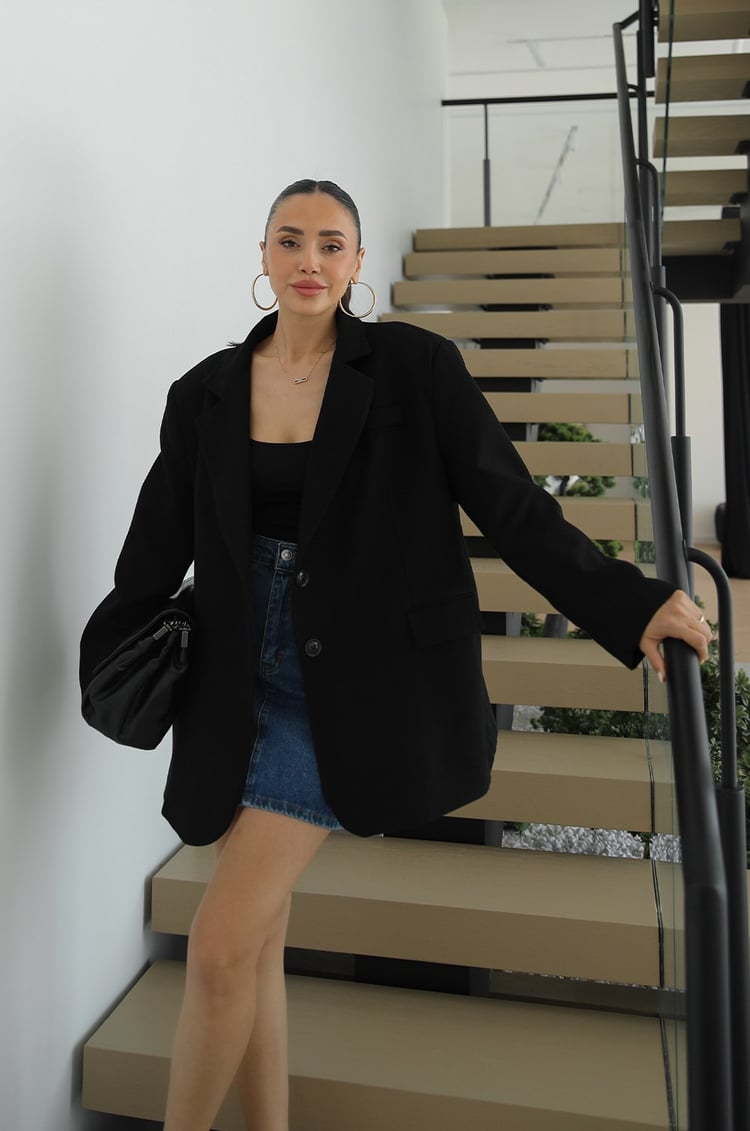 Siyah Trena Oversize Keten Blazer Ceket