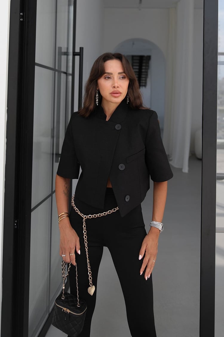 Siyah Valen Keten Kısa Kollu Blazer Ceket