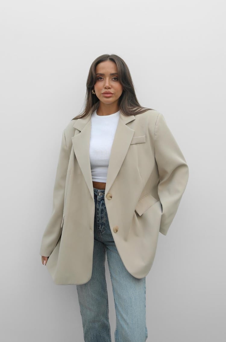 Taş Rengi Süs Cepli Oversize Blazer Ceket
