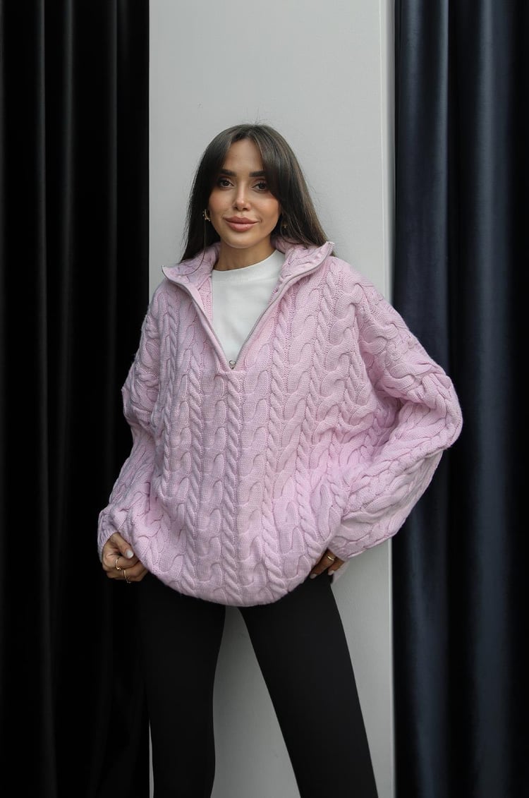 Toz Pembe Yakası Fermuarlı Saç Örgü Kazak
