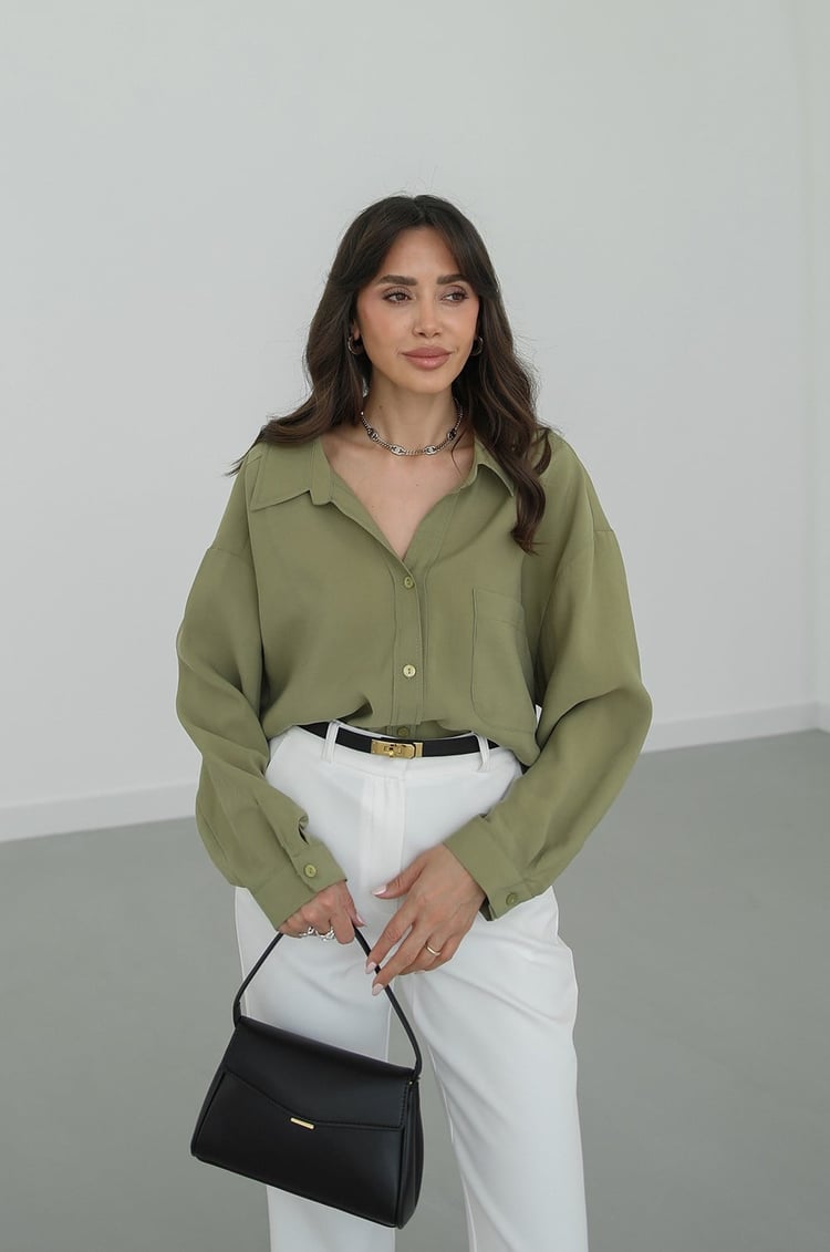 Yağ Yeşili Düşük Omuzlu Oversize Gömlek