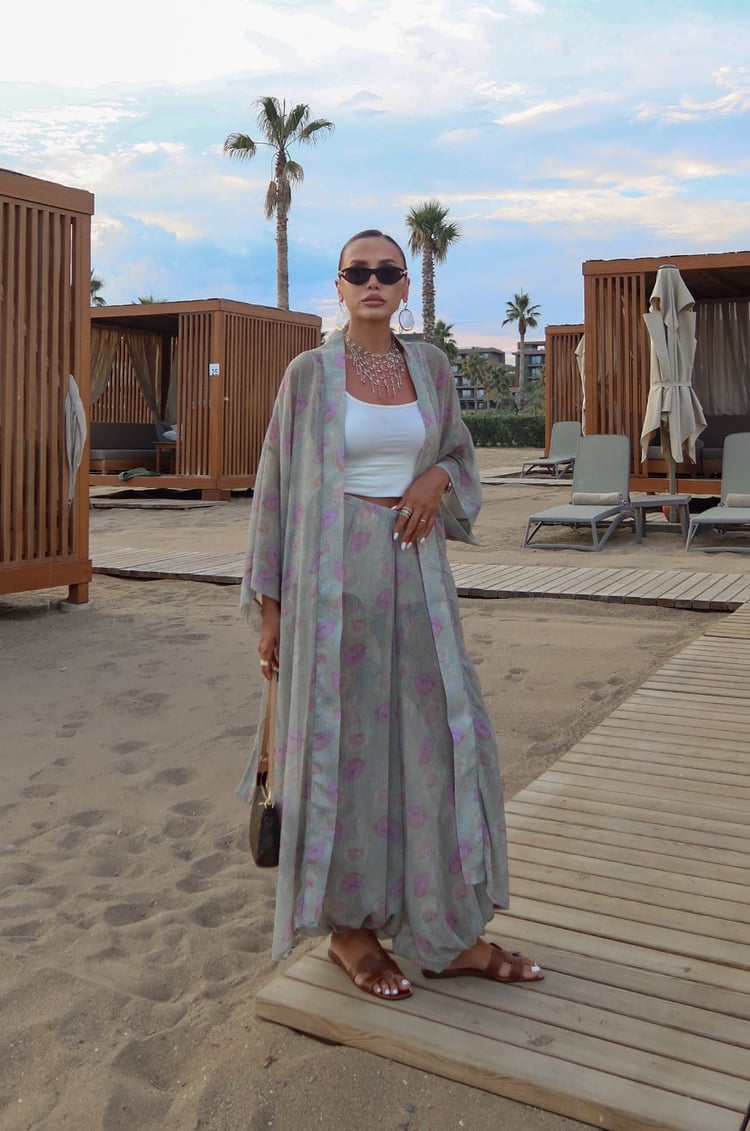 Yeşil Çiçek Desenli Kimono Pantolon Takım