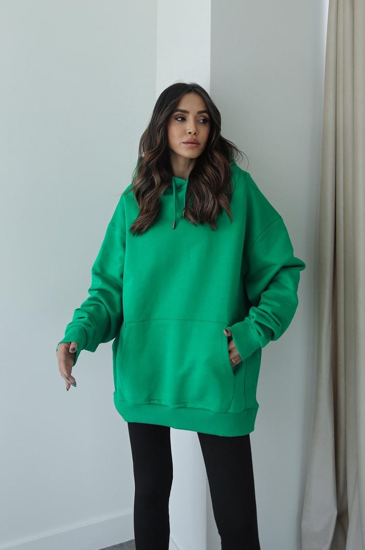 Yeşil Kapüşonlu Uzun Kalın Sweatshirt