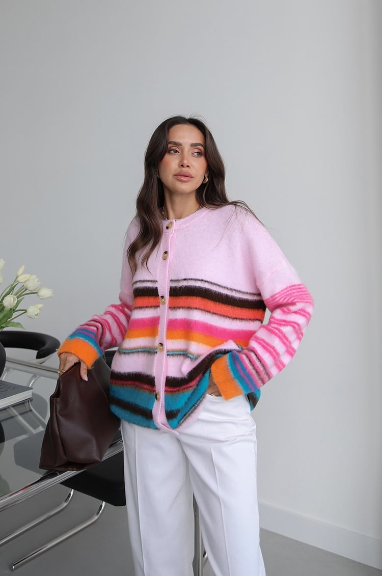 Pembe Vael Çizgili Düğmeli Hırka