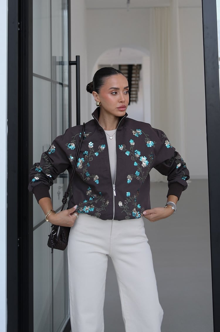 Acı Kahve Frida Payet Nakışlı Bomber Ceket