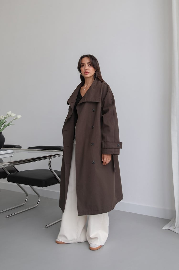 Acı Kahve Kareli Oversize Trençkot